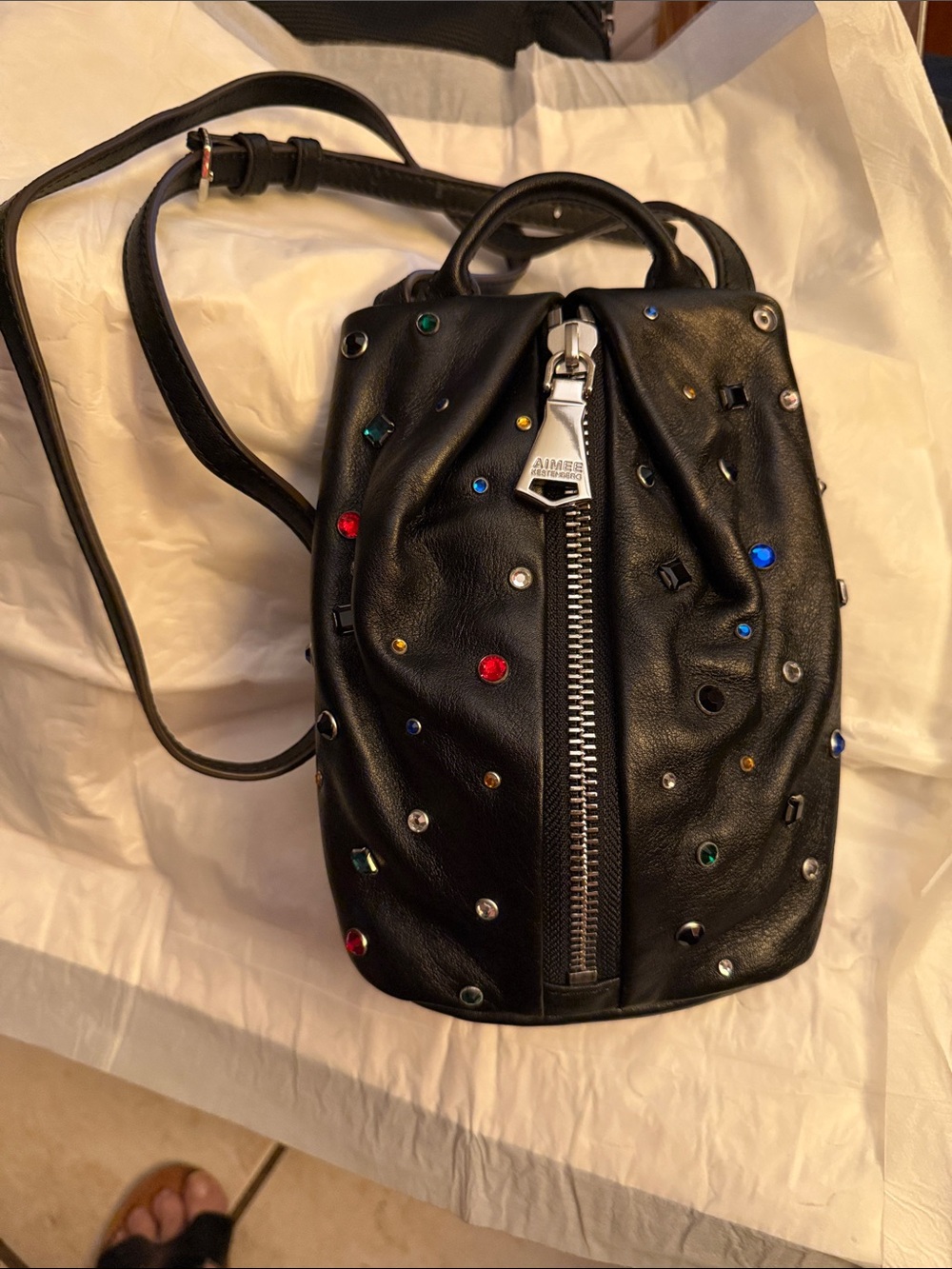 Aimee Kestenberg Black Leather Crossbody Backpack with Multicolor Studs - Picture 4 of 7